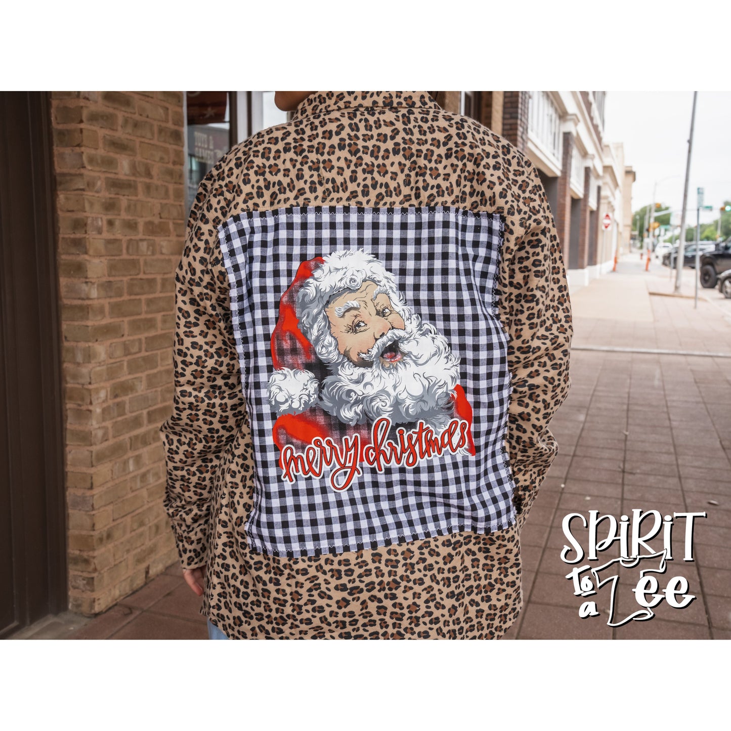 Merry Christmas Santa Patch on an Animal Print Flannel