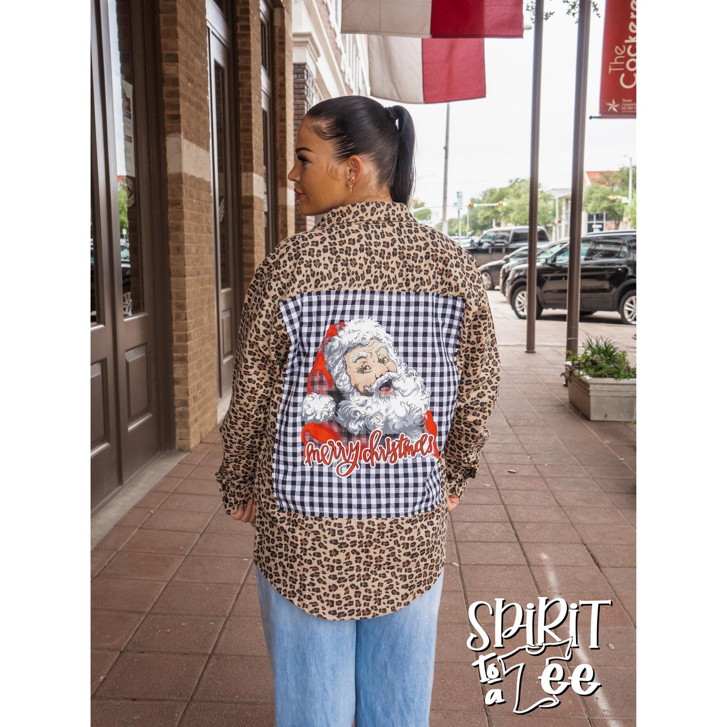 Merry Christmas Santa Patch on an Animal Print Flannel