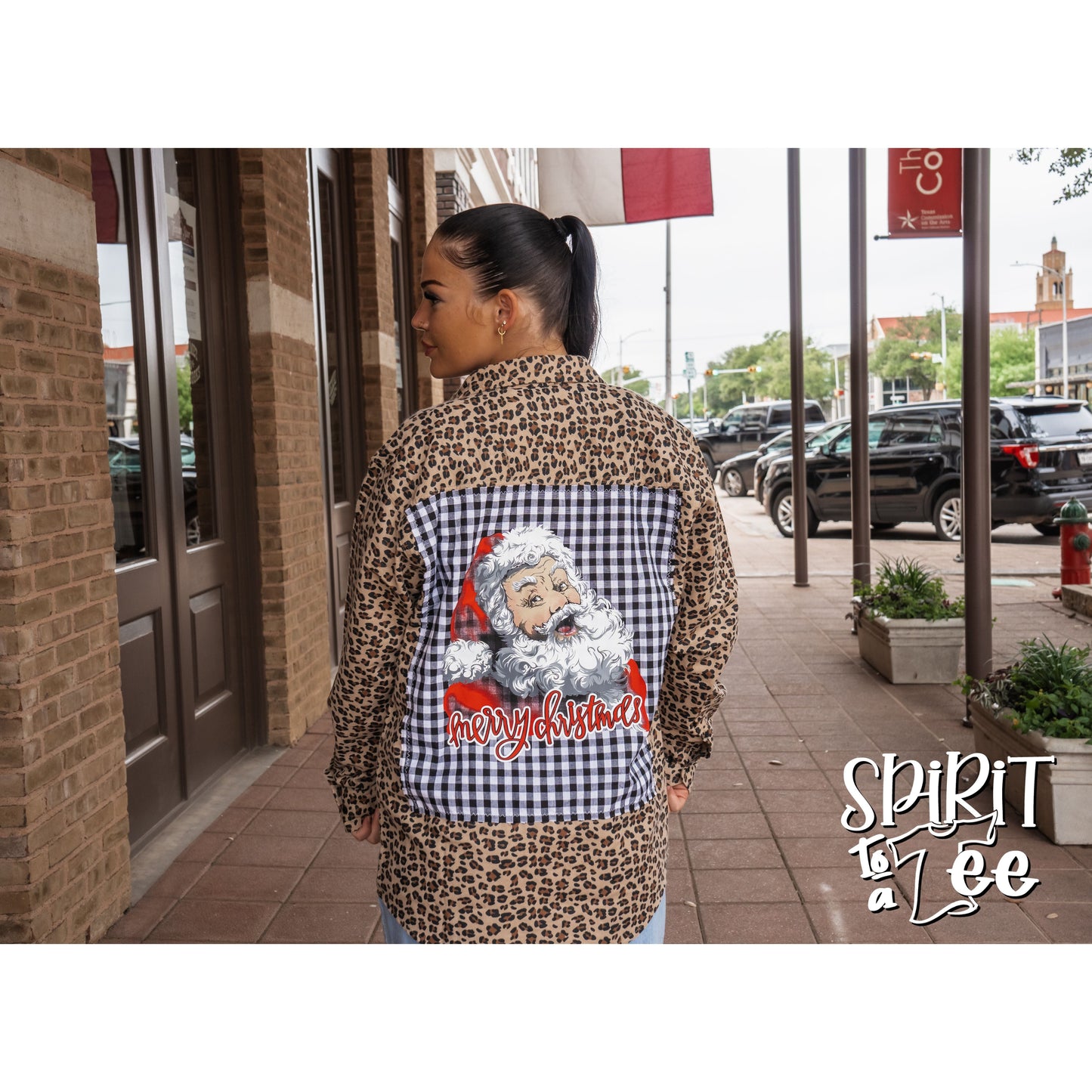 Merry Christmas Santa Patch on an Animal Print Flannel