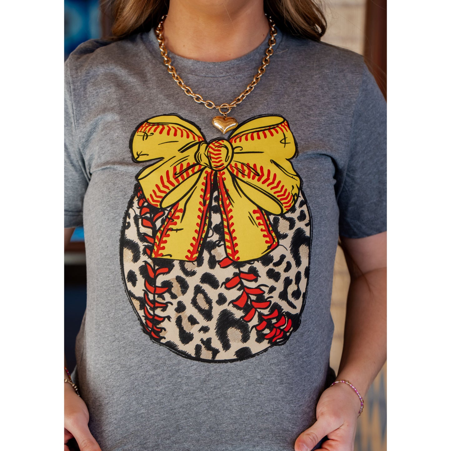 Leopard Softball with Bow - Softball Tee