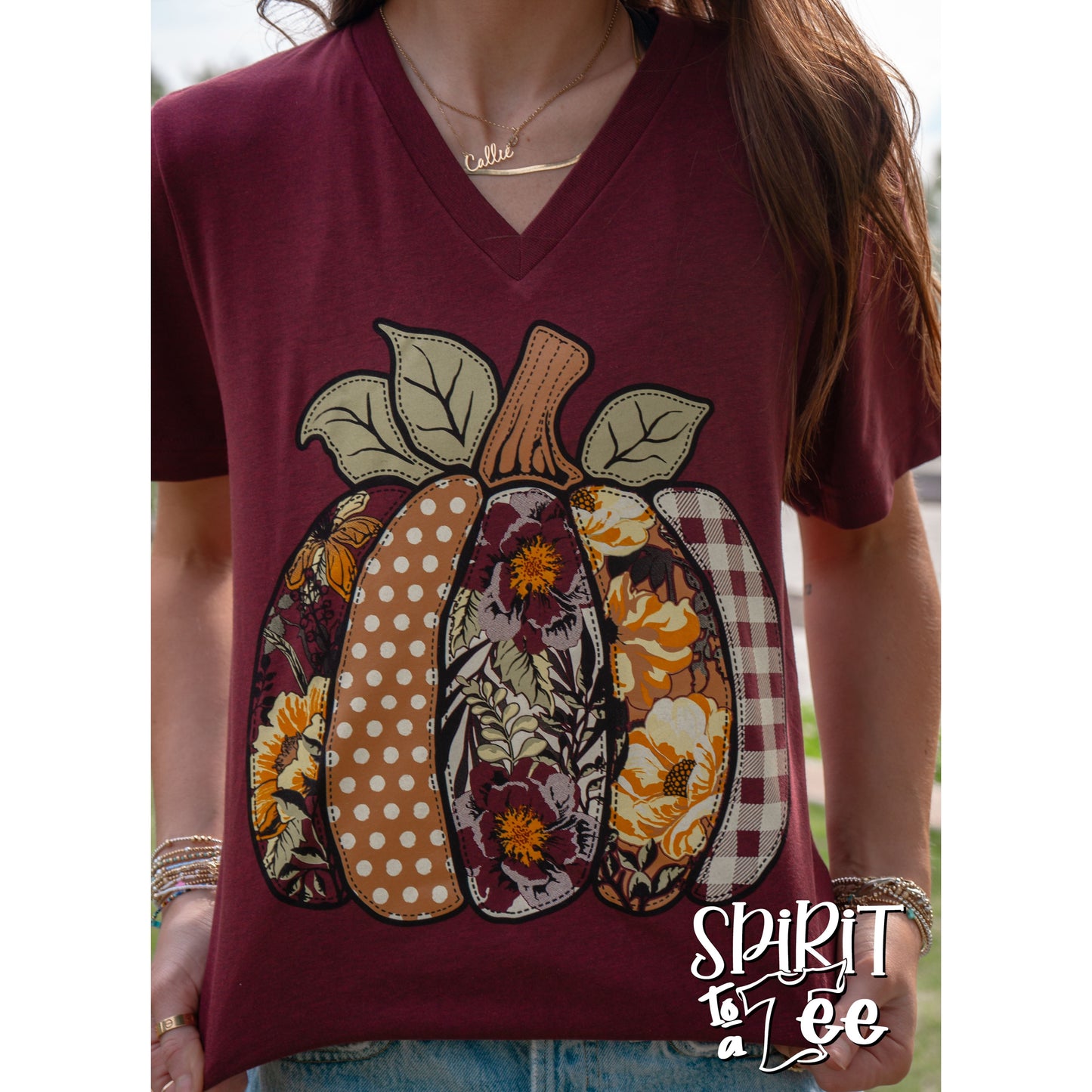 Floral & Patterned Pumpkin V-Neck - Thanksgiving Tee
