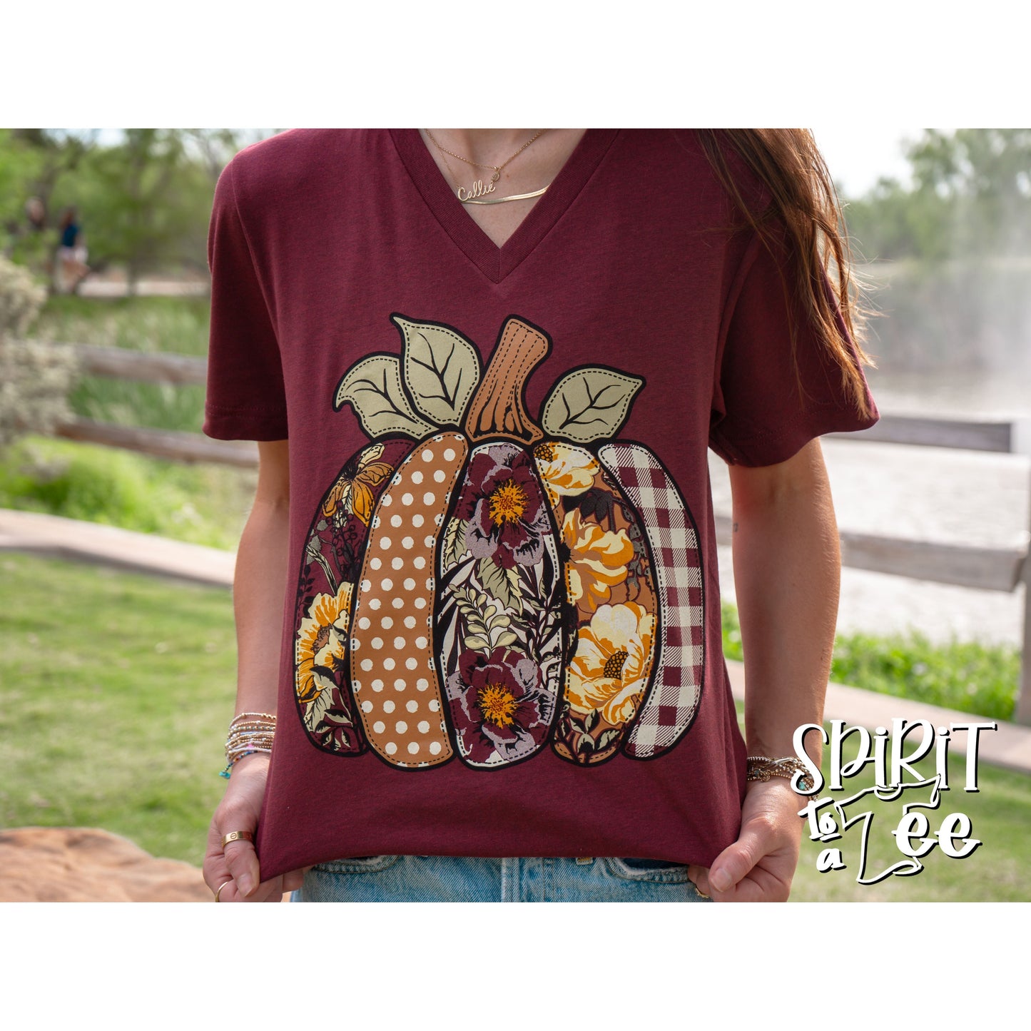 Floral & Patterned Pumpkin V-Neck - Thanksgiving Tee