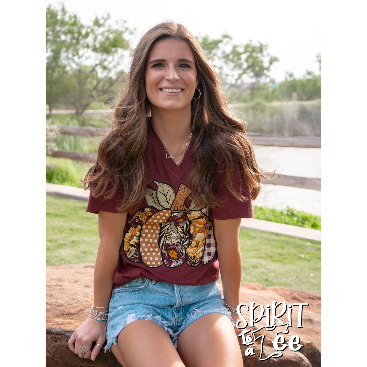 Floral & Patterned Pumpkin V-Neck - Thanksgiving Tee
