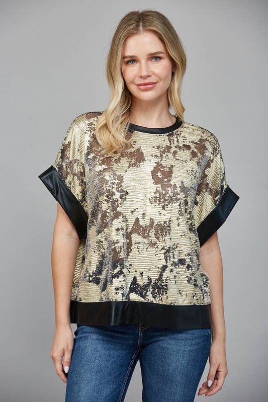 ABSTRACT METALLIC PATTERN DROP SHOULDER WIDE SLV TOP FT25573