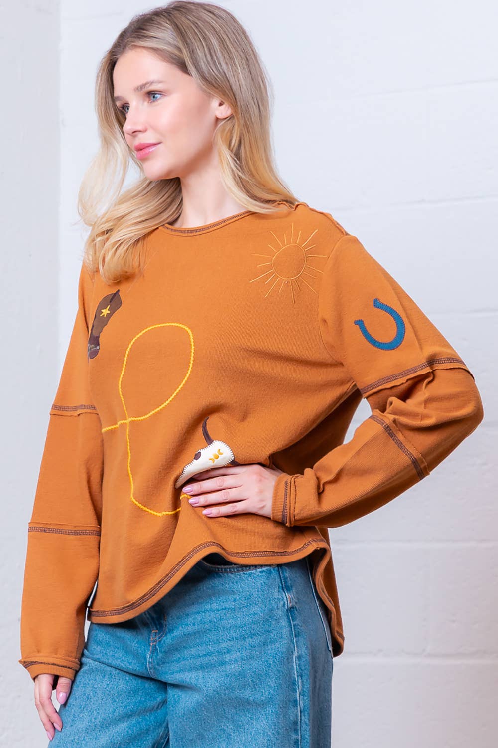 HT28793T-L/S BOAT NECK WESTERN EMBO TOP