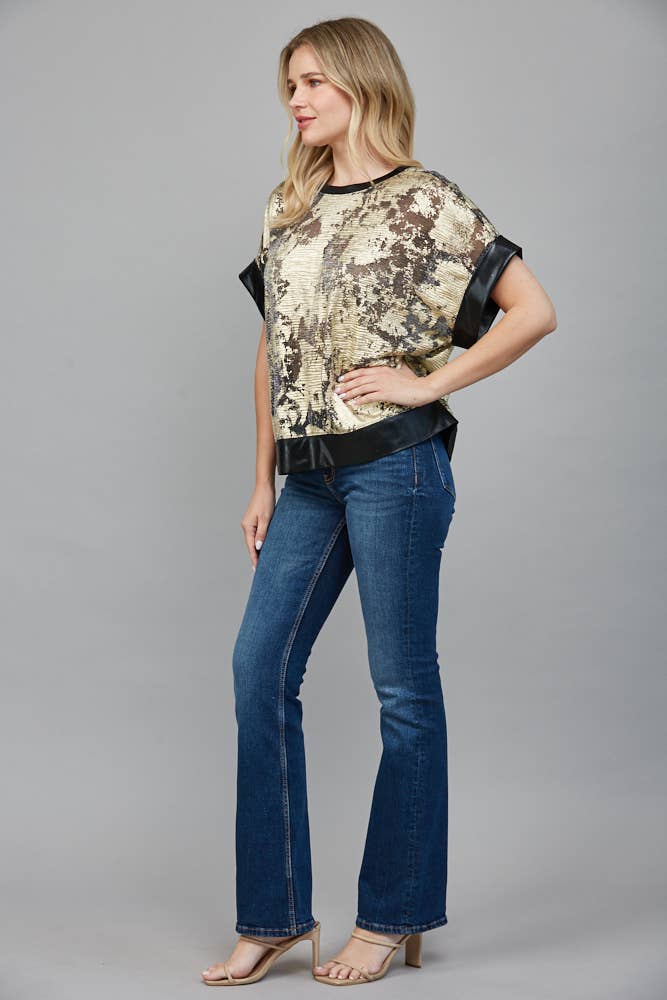 ABSTRACT METALLIC PATTERN DROP SHOULDER WIDE SLV TOP FT25573