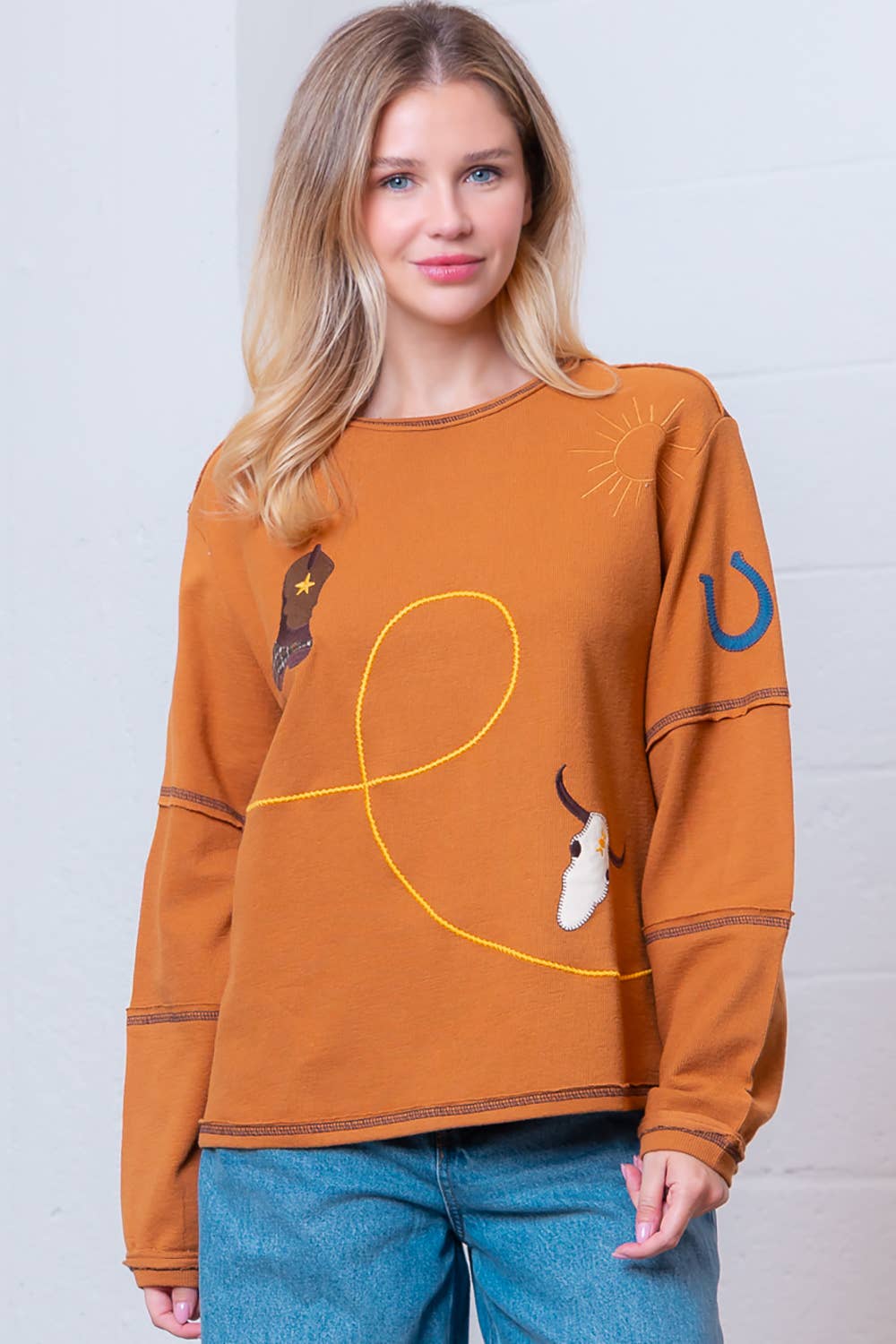 HT28793T-L/S BOAT NECK WESTERN EMBO TOP