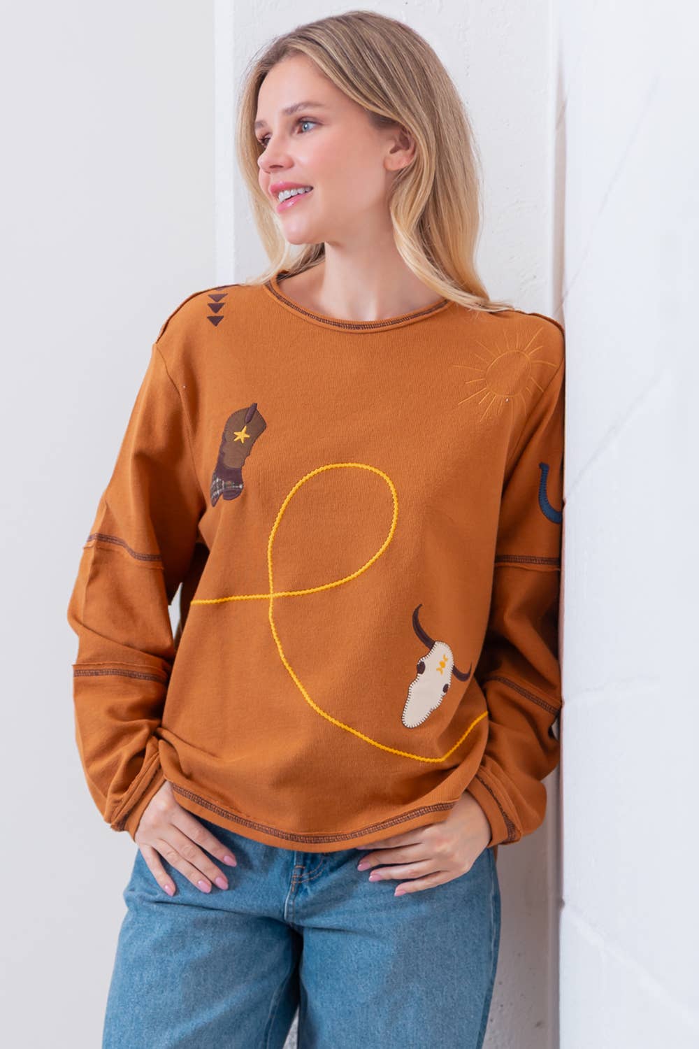 HT28793T-L/S BOAT NECK WESTERN EMBO TOP