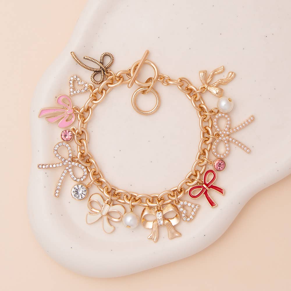 Crystal Rhinestone & Pearl Embellished Bow Charm Bracelet
