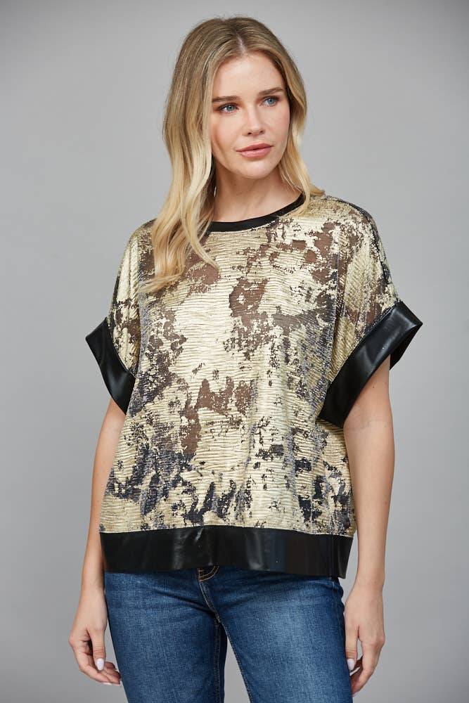 ABSTRACT METALLIC PATTERN DROP SHOULDER WIDE SLV TOP FT25573
