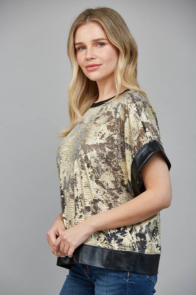 ABSTRACT METALLIC PATTERN DROP SHOULDER WIDE SLV TOP FT25573
