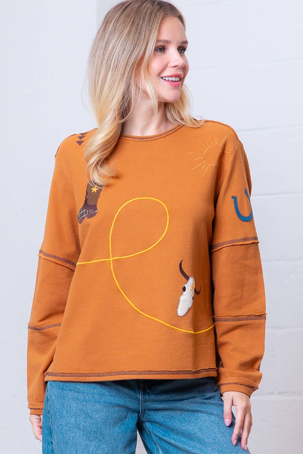 HT28793T-L/S BOAT NECK WESTERN EMBO TOP